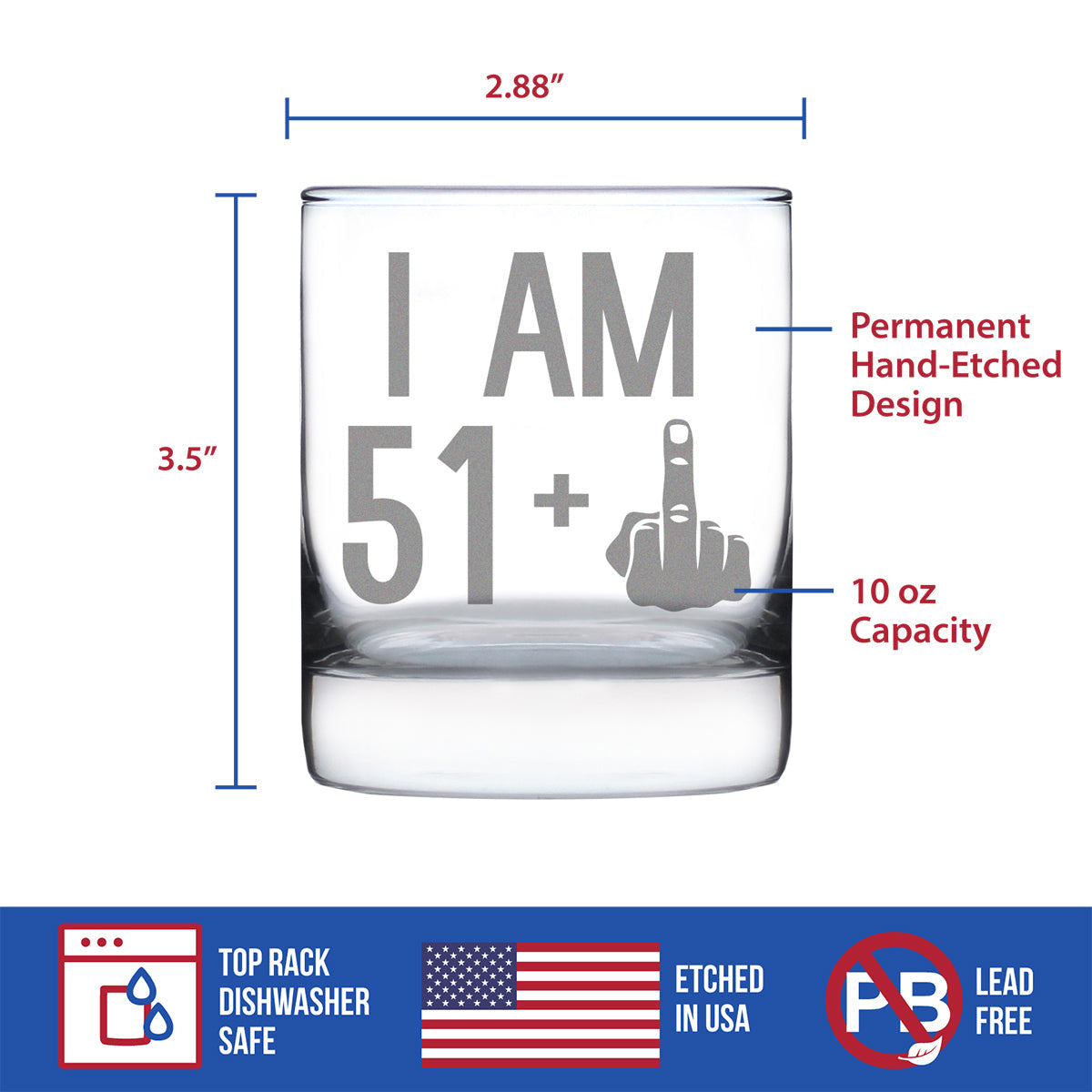 51 + 1 Middle Finger - Funny 52nd Birthday Whiskey Rocks Glass Gifts for Men & Women Turning 52 - Fun Whisky Drinking Tumbler
