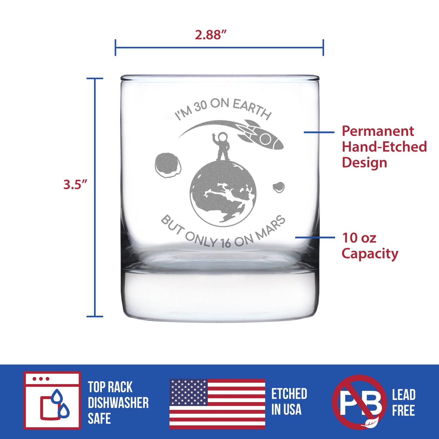 Age on Mars 30 - Whiskey Rocks Glass Gift - Unique Funny 30th Birthday Gifts for Women and Men - 10.25 oz Glasses