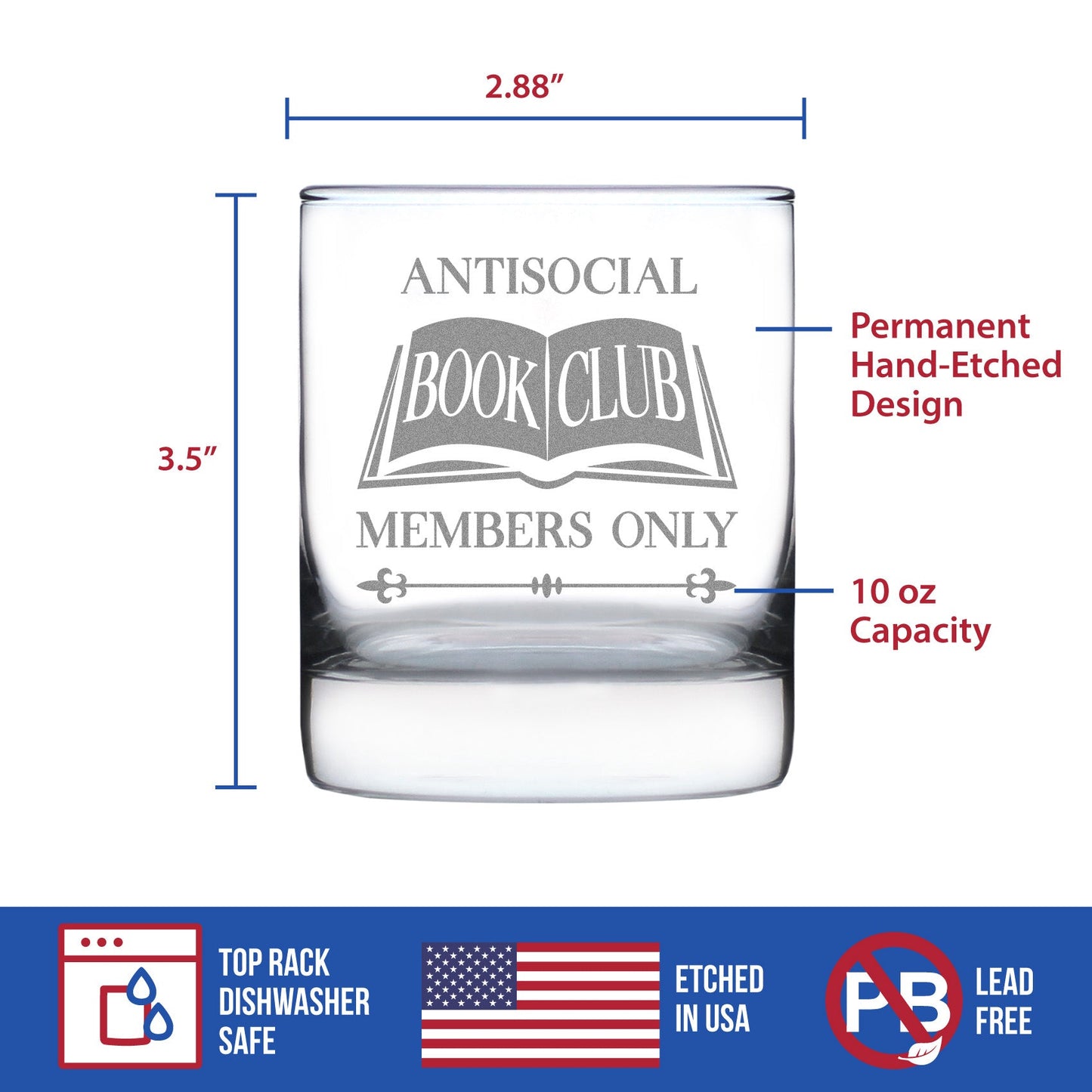 Antisocial Book Club Engraved Rocks Glass Funny Gifts for Introverts and Book Club Weighted Whiskey Glasses - 10.25 oz