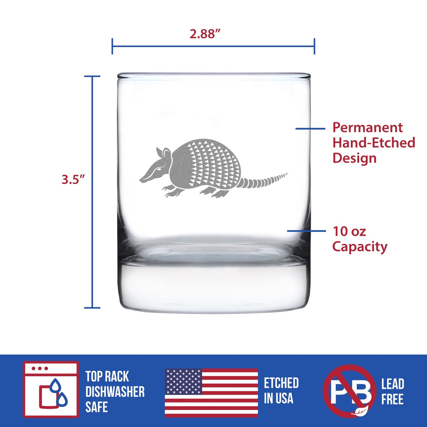 Armadillo Engraved Rocks Glass Texas Gifts and Souvenirs Weighted Whiskey Glasses - 10.25 oz