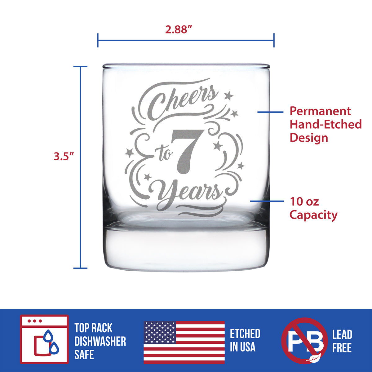 Cheers to 7 Years - Whiskey Rocks Glass Gifts for Women & Men - 7th Anniversary Party Decor - 10.25 Oz Glasses