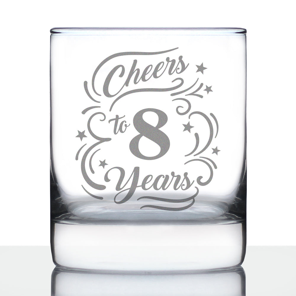 Cheers to 8 Years - Whiskey Rocks Glass Gifts for Women & Men - 8th Anniversary Party Decor - 10.25 Oz Glasses