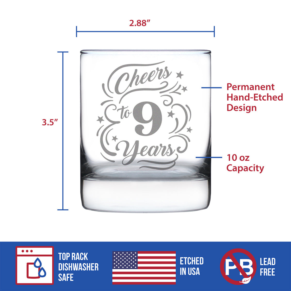 Cheers to 9 Years - Whiskey Rocks Glass Gifts for Women & Men - 9th Anniversary Party Decor - 10.25 Oz Glasses
