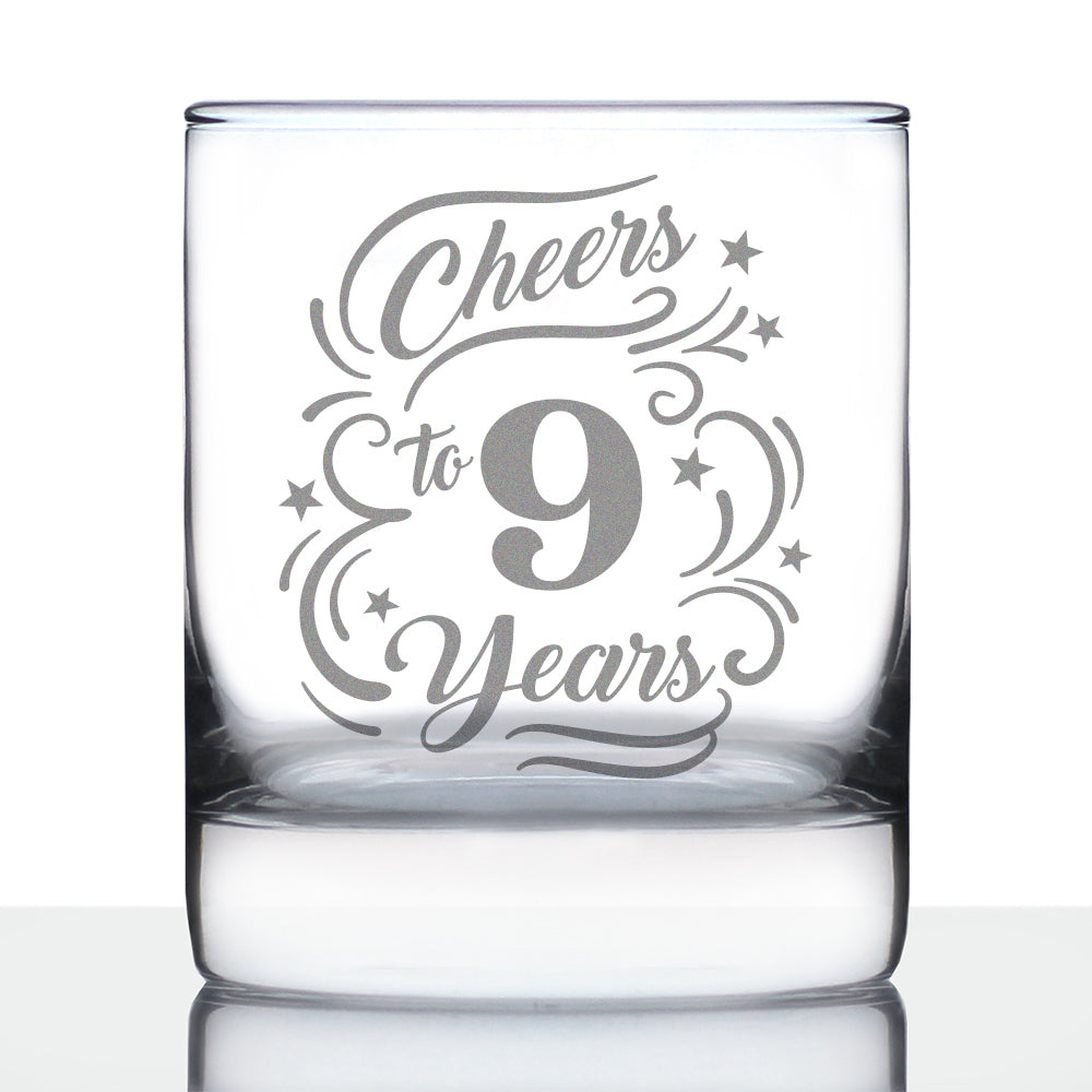 Cheers to 9 Years - Whiskey Rocks Glass Gifts for Women & Men - 9th Anniversary Party Decor - 10.25 Oz Glasses