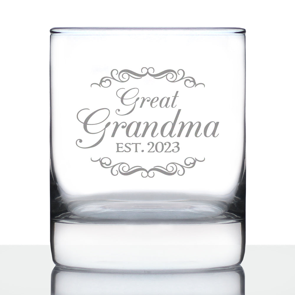 Great Grandma Est 2023 - New Great Grandmother Whiskey Rocks Glass Gift for First Time Great Grandparents - Decorative 10.25 Oz Glasses