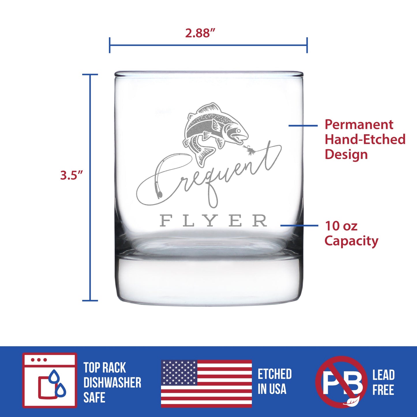 Frequent Flyer Engraved Rocks Glass Gifts for Fly Fishers Weighted Whiskey Glasses - 10.25 oz