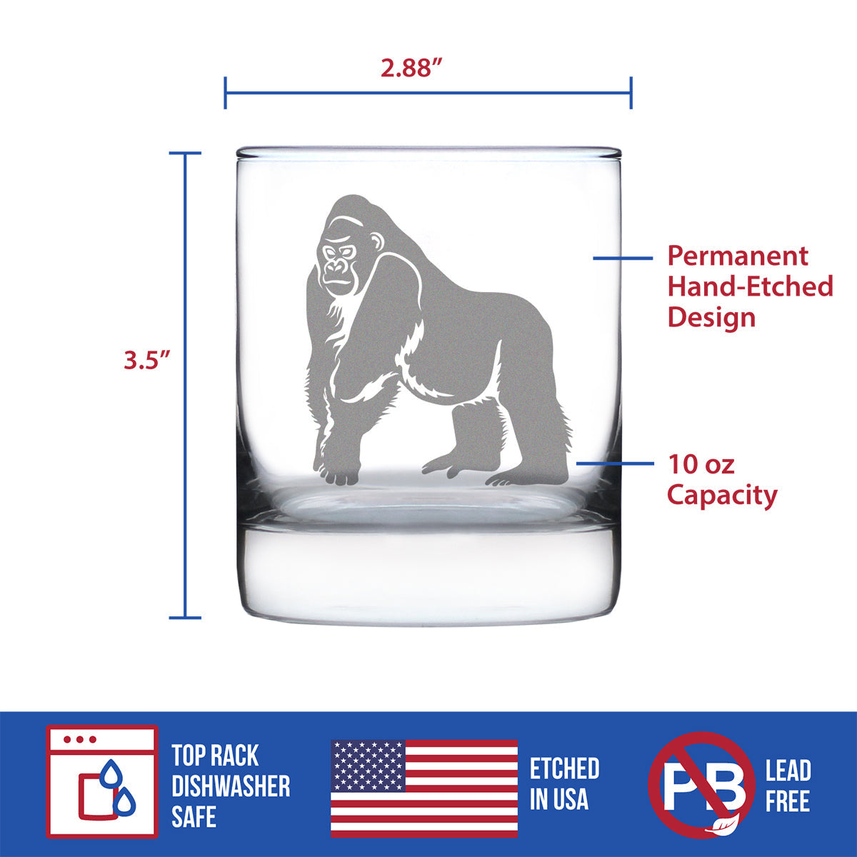 Gorilla Rocks Glass - Fun Wild Animal Themed Decor and Gifts for Lovers of Apes and Monkeys - 10.25 Oz Glasses