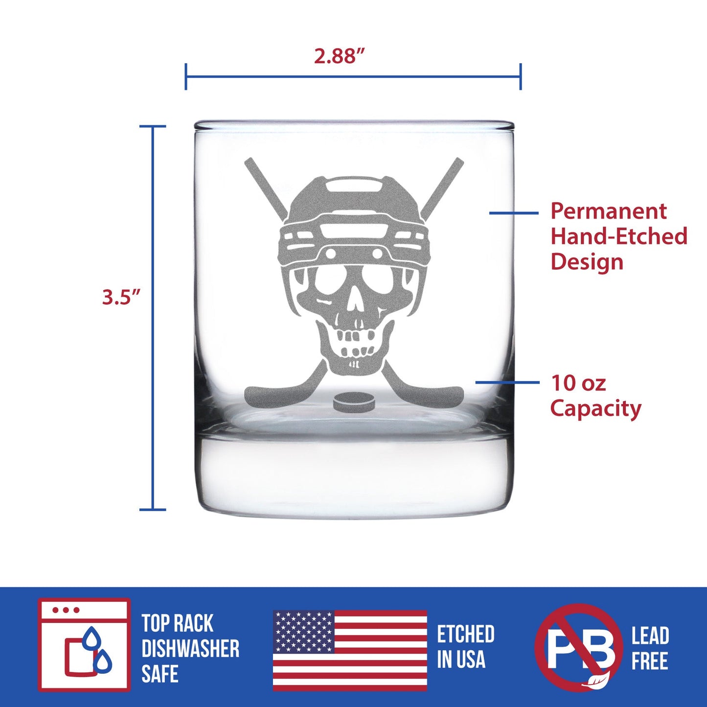 Hockey Skull Engraved Rocks Glass Gifts Hockey Gifts for Coach or Players Weighted Whiskey Glasses - 10.25 oz