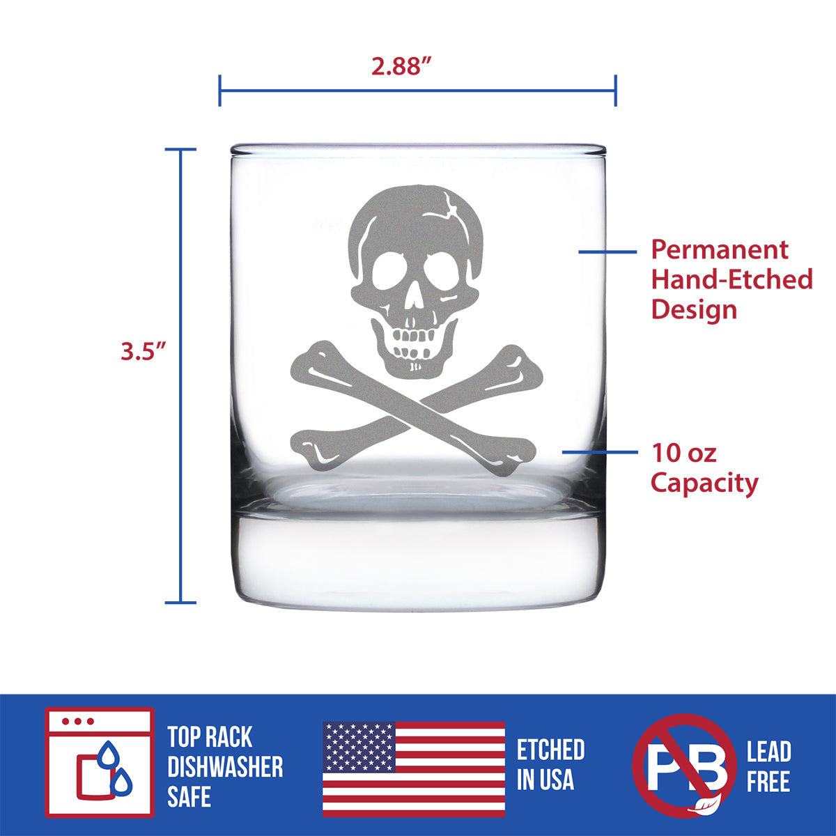 Skull and Crossbones Rocks Glass - Skull Decor and Jolly Roger Flag Gifts - 10.25 Oz Glasses