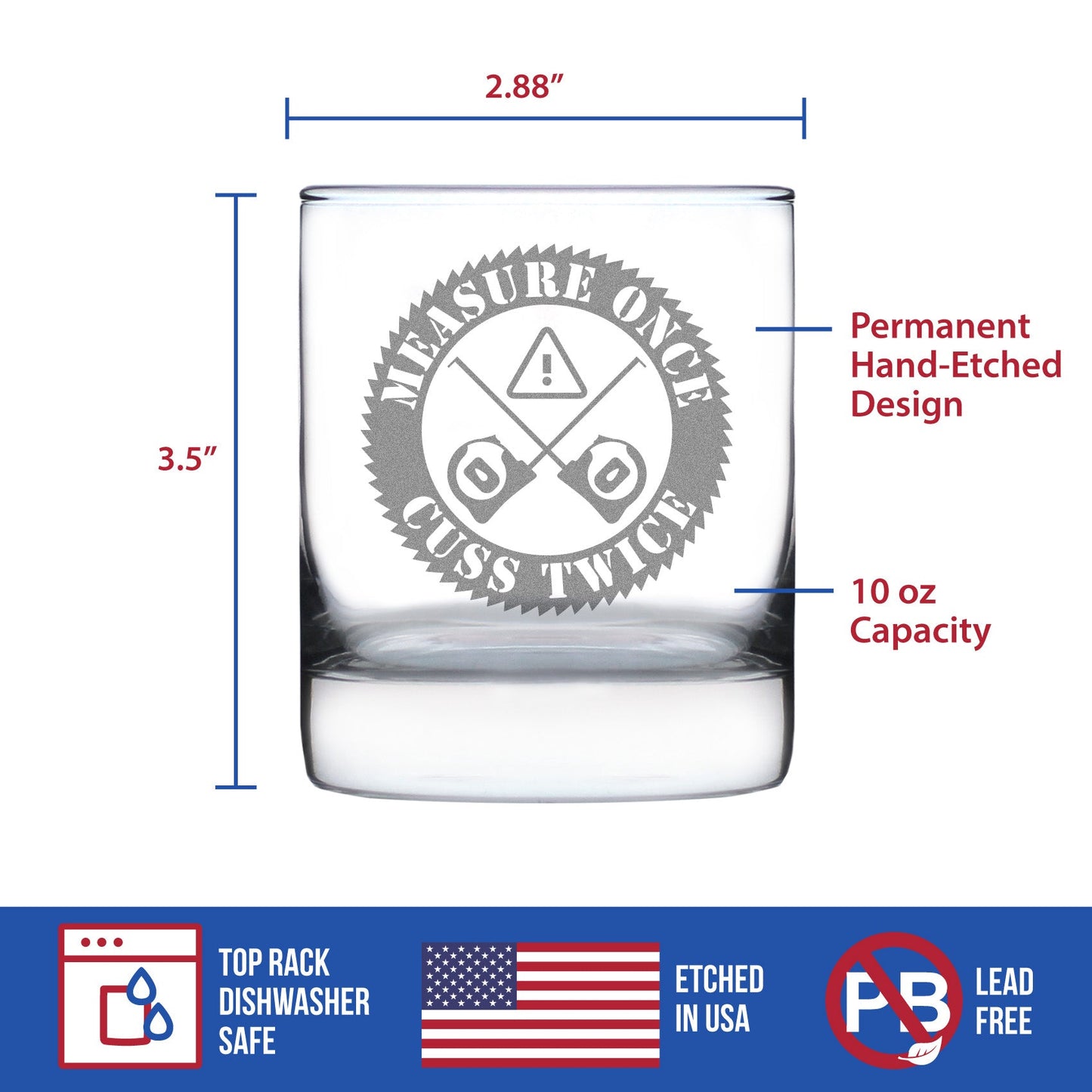 Measure Once Cuss Twice - Whiskey Rocks Glass - Best Gifts for Woodworkers, Construction Workers & Handy Man - 10.25 oz Glasses