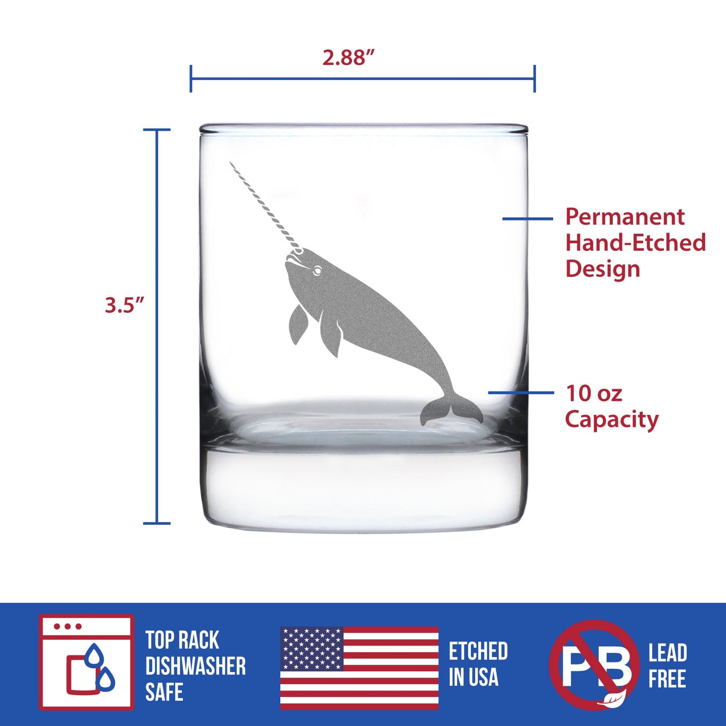 Narwhal Engraved Rocks Glass Narwhal Gifts for Women Weighted Whiskey Glasses - 10.25 oz