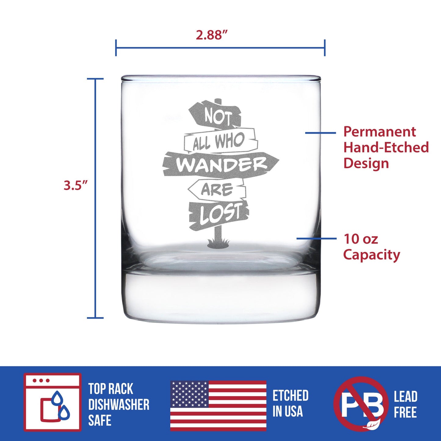 Not All Who Wander Are Lost - Whiskey Rocks Glass - Outdoor Travel Gifts for Travelers, Campers & Hikers - 10.25 oz Glasses