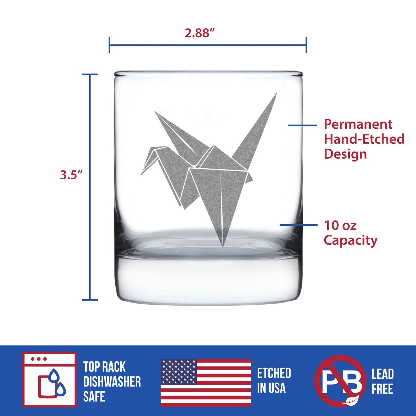 Paper Crane Engraved Rocks Glass Japanese Decor and Gifts Weighted Whiskey Glasses - 10.25 oz