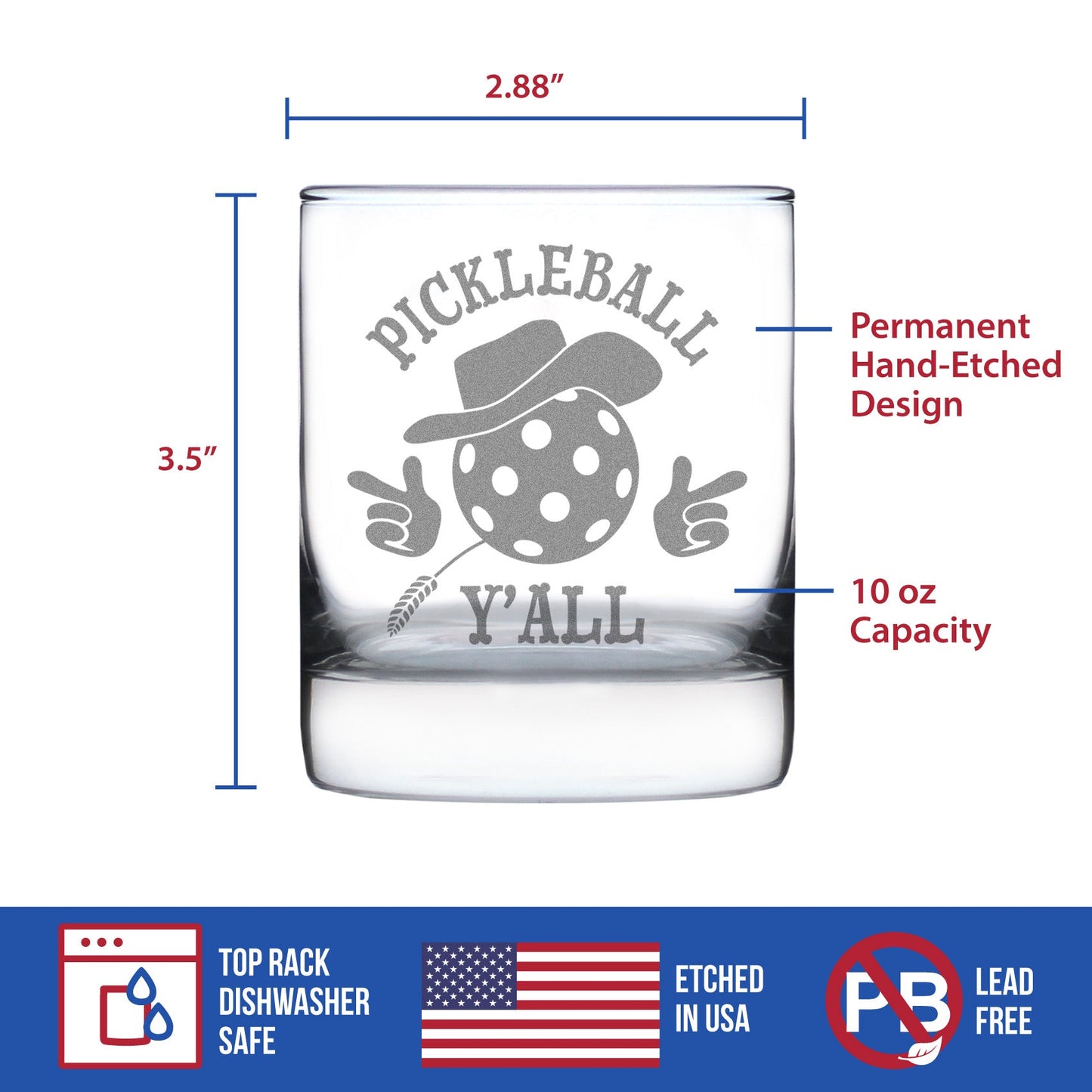 Pickleball Y'all Engraved Rocks Glass Gifts Funny Pickleball Gifts Weighted Whiskey Glasses - 10.25 oz