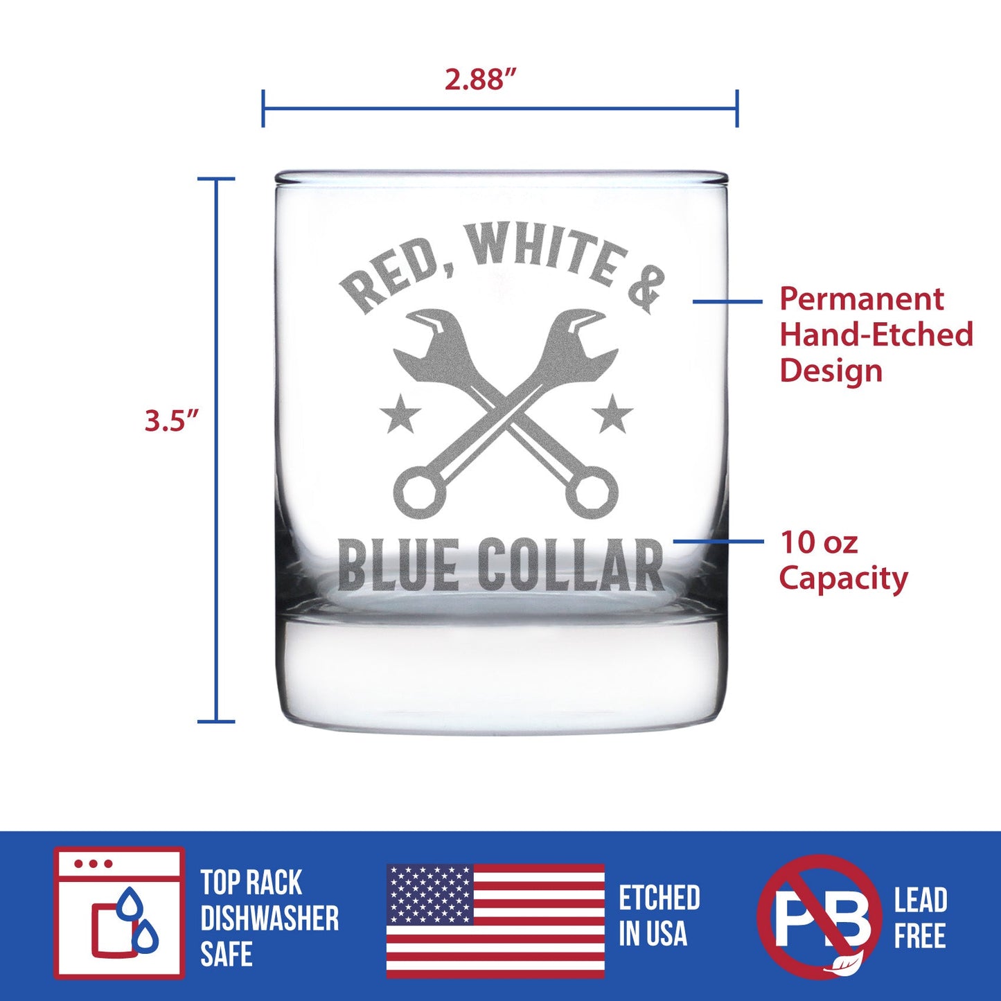 Red White & Blue Collar Engraved Rocks Glass Gifts Gifts for Tradesmen, Manual Labor Workers Weighted Whiskey Glasses - 10.25 oz