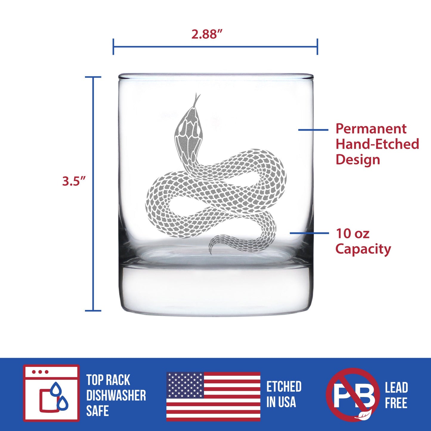 Snake Engraved Rocks Glass Reptile Decor and Gifts for Snake Lovers Weighted Whiskey Glasses - 10.25 oz