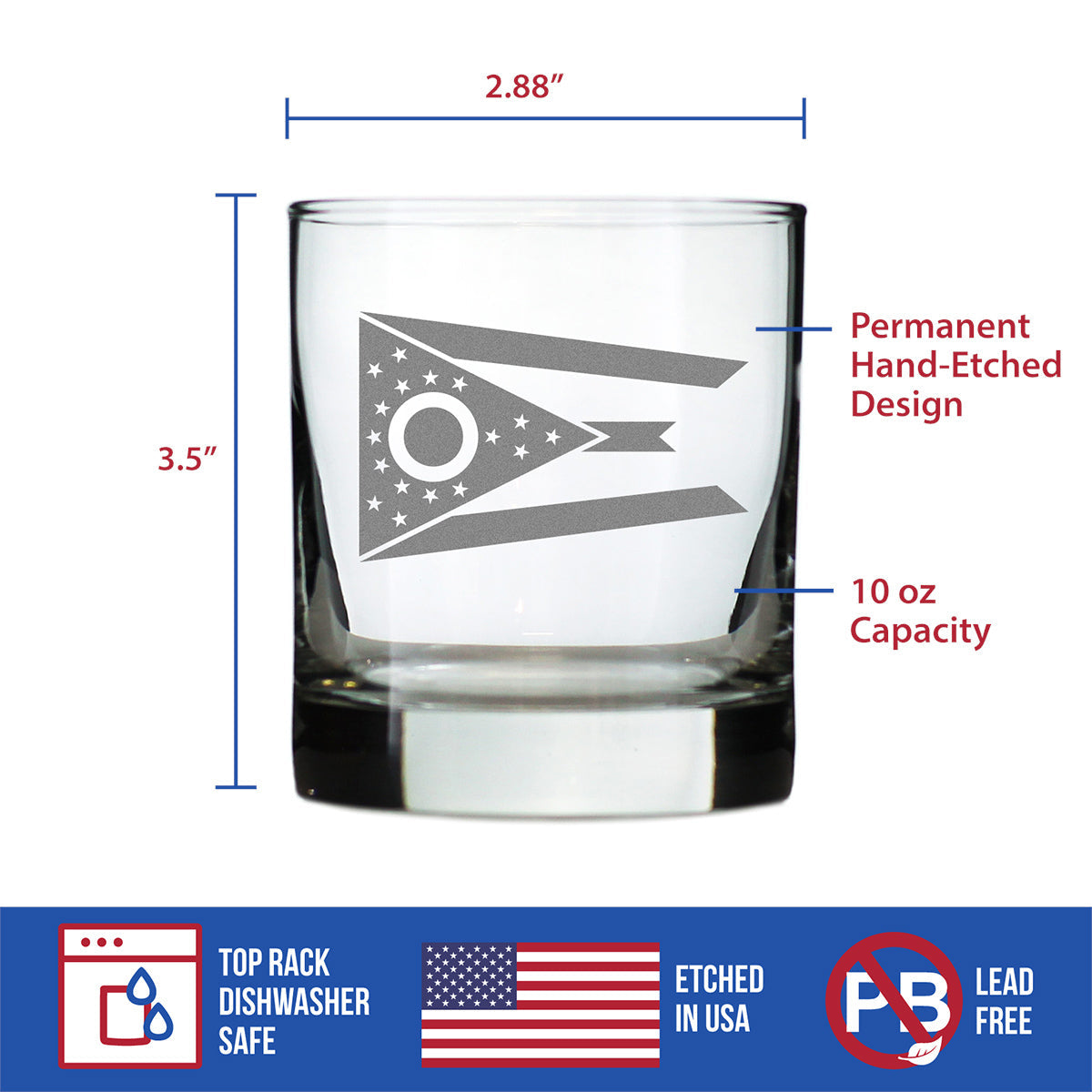 Ohio Flag Whiskey Rocks Glass - State Themed Drinking Decor and Gifts for Ohioan Women & Men - 10.25 Oz Whisky Tumbler Glasses