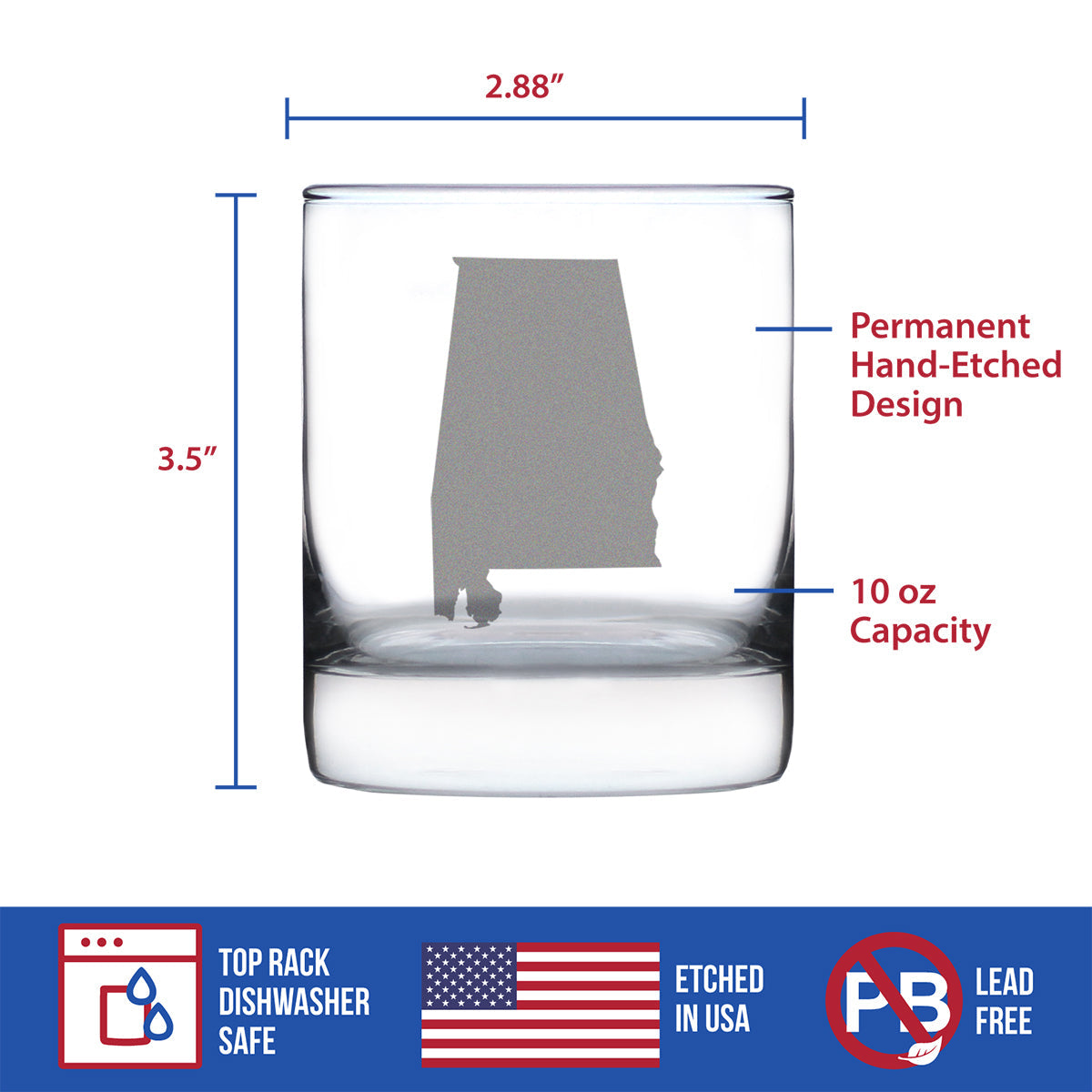 Alabama State Outline Whiskey Rocks Glass - State Themed Drinking Decor and Gifts for Alabaman Women & Men - 10.25 Oz Whisky Tumbler Glasses
