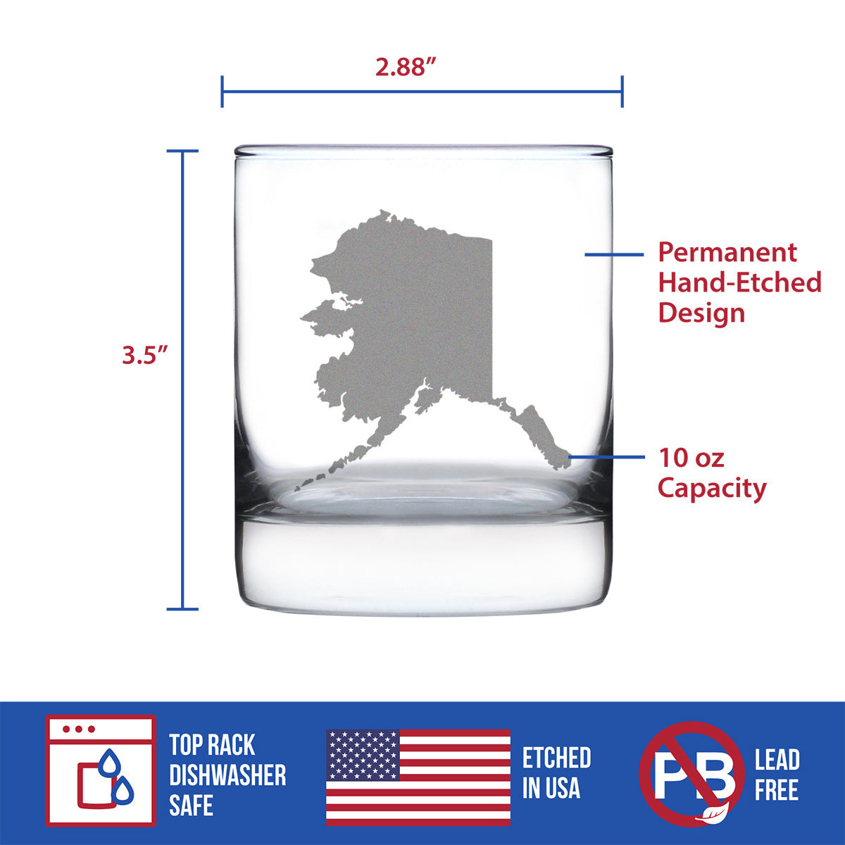 Alaska State Outline Whiskey Rocks Glass - State Themed Drinking Decor and Gifts for Alaskan Women & Men - 10.25 Oz Whisky Tumbler Glasses