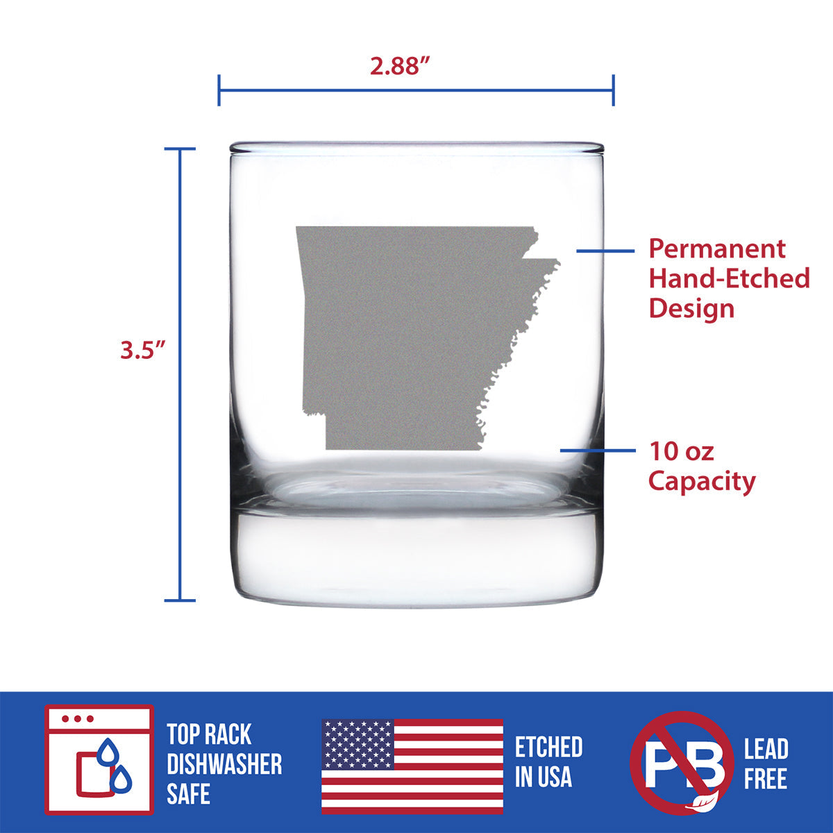 Arkansas State Outline Whiskey Rocks Glass - State Themed Drinking Decor and Gifts for Arkansans & Arkansawyer Women & Men - 10.25 Oz Whisky Tumbler Glasses