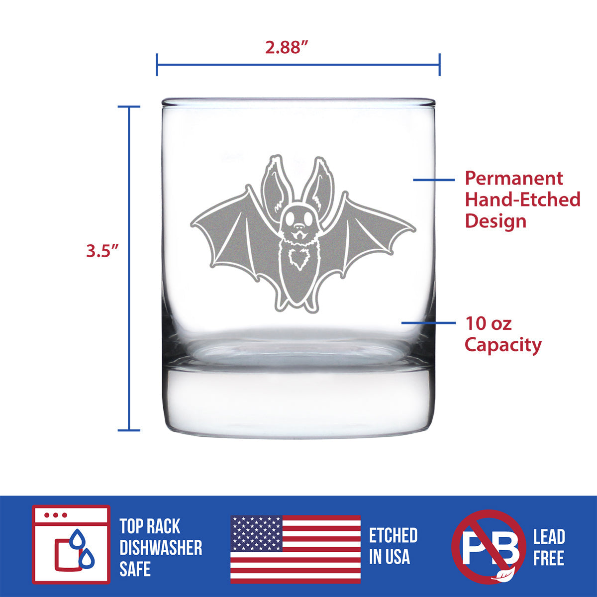 Bat Whiskey Rocks Glass - Funny Cute Bat Gifts - Spooky Fun Halloween Decor with Bats - 10.25 Oz Glasses