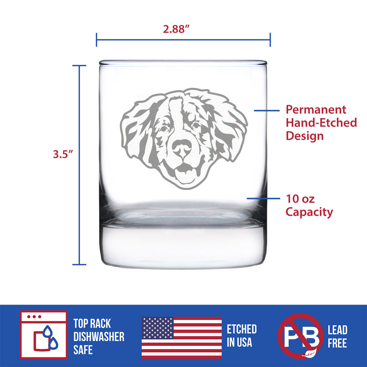 Bernese Mountain Dog Face Whiskey Rocks Glass - Unique Dog Themed Decor and Gifts for Moms & Dads of Berneses - 10.25 Oz