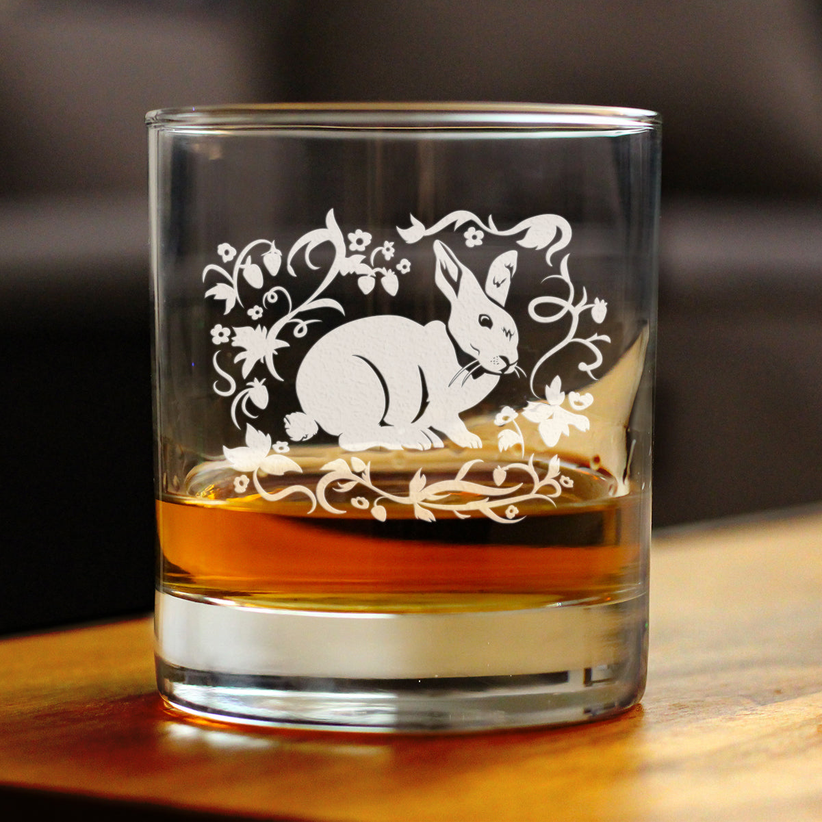 Berry Patch Bunny Rabbit - Whiskey Rocks Glass - Hand Engraved Gifts for Men & Women That Love Bunnies