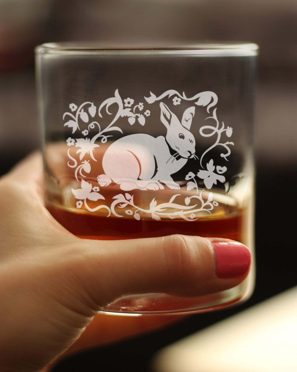 Berry Patch Bunny Rabbit - Whiskey Rocks Glass - Hand Engraved Gifts for Men & Women That Love Bunnies