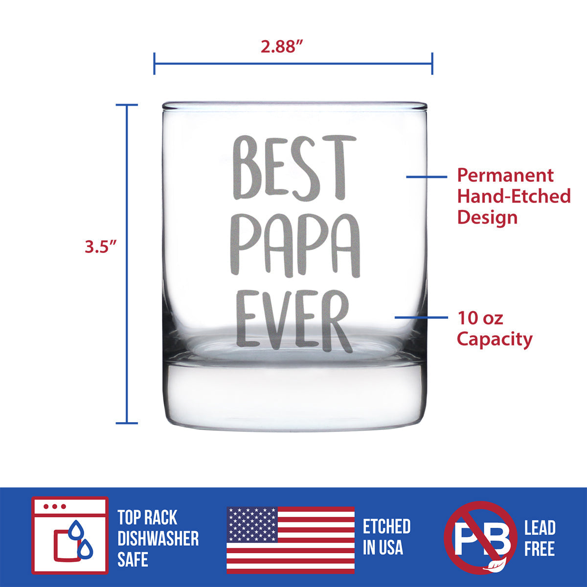 Best Papa Ever 10 oz Rocks Glass or Old Fashioned Glass, Etched Sayings, Father's Day or Birthday Gift for Grandpa