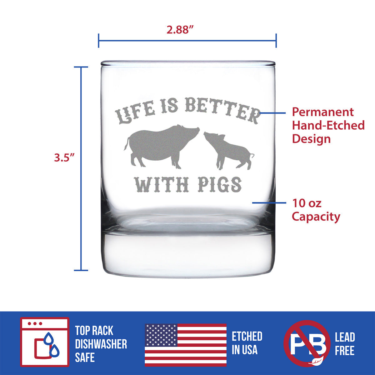 Life Is Better With Pigs - Whiskey Rocks Glass Gifts - Funny Pig Gifts and Decor for Men & Women - 10.25 Oz Glasses