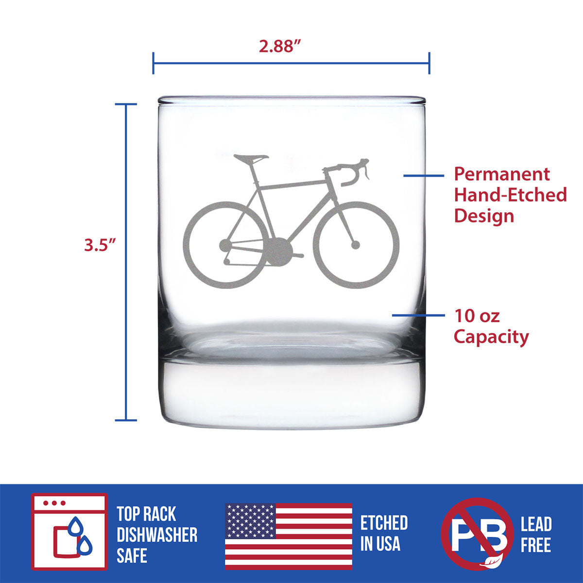 Bicycle - Whiskey Rocks Glass - Unique Road Biking Themed Decor and Gifts for Cyclists - 10.25 Oz Glasses