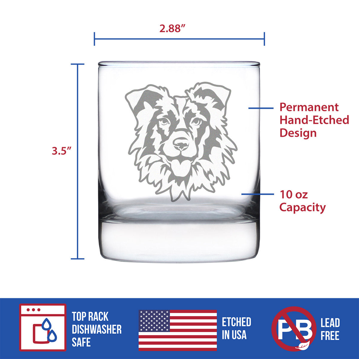 Border Collie Face Whiskey Rocks Glass - Unique Dog Themed Decor and Gifts for Moms & Dads of Border Collies - 10.25 Oz
