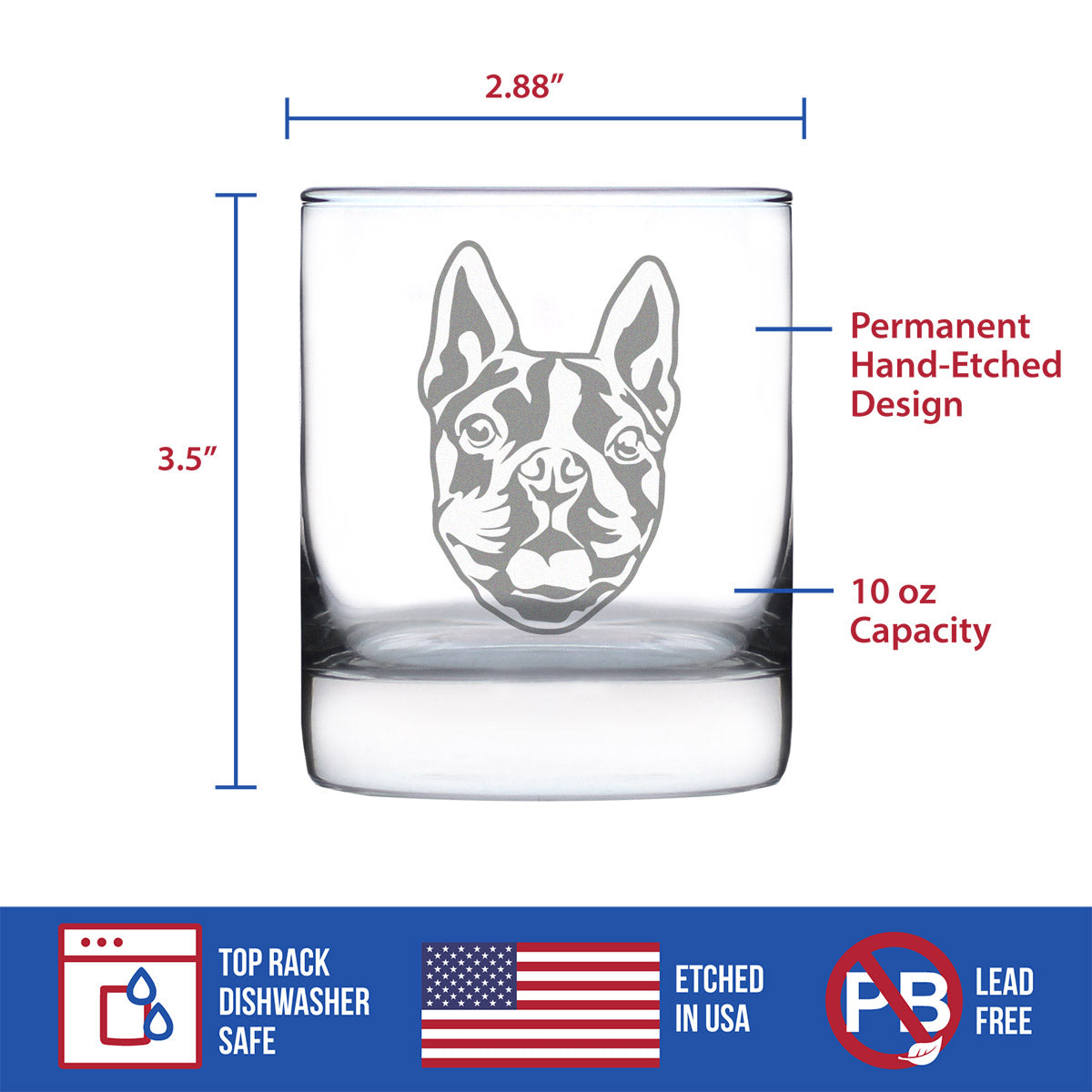 Boston Terrier Face Whiskey Rocks Glass - Unique Dog Themed Decor and Gifts for Moms & Dads of Boston Terriers - 10.25 Oz
