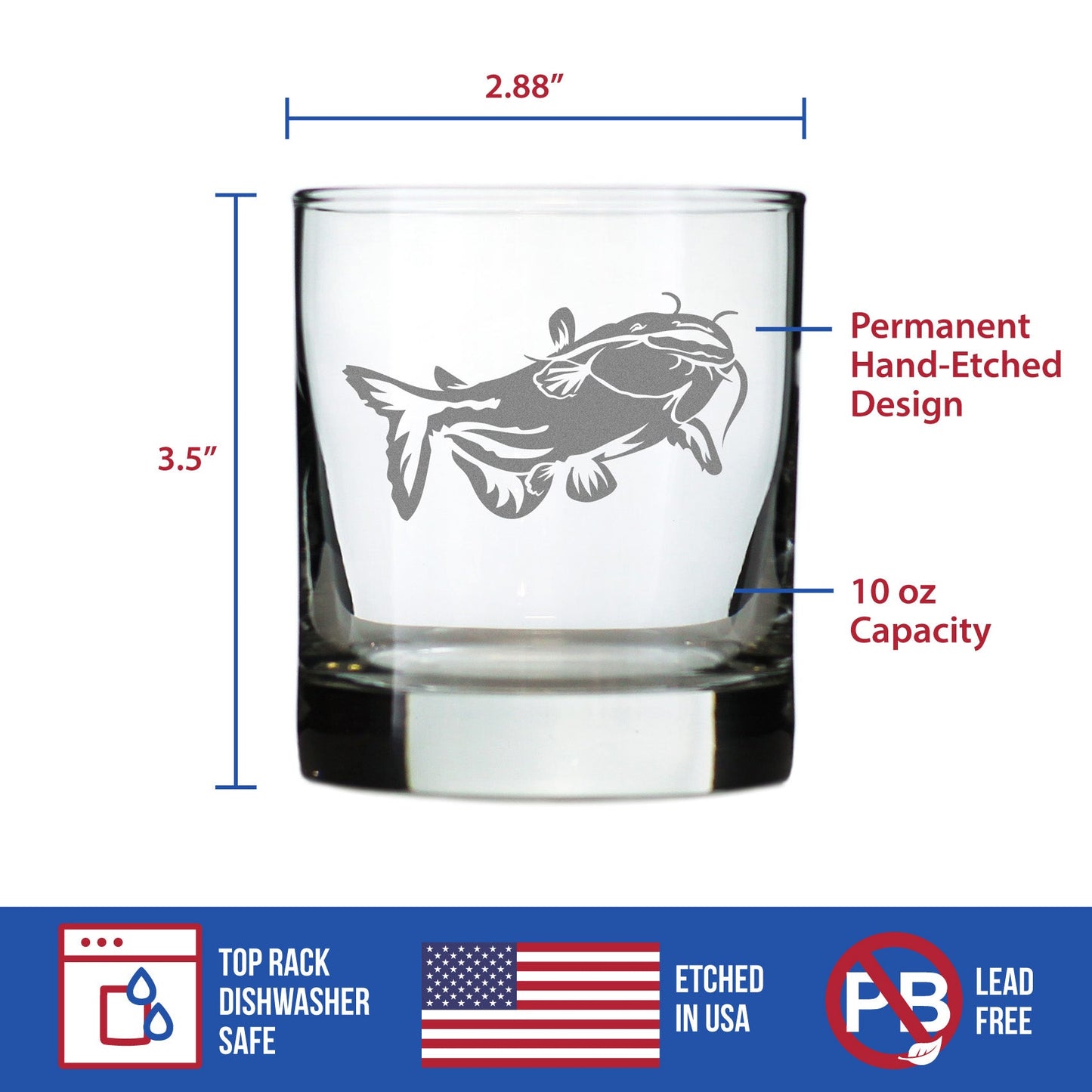 Catfish - Whiskey Rocks Glass - Catfishing Gifts for Fisherman - Whisky Fish Tumbler & Fishing Decor - 10.25 oz