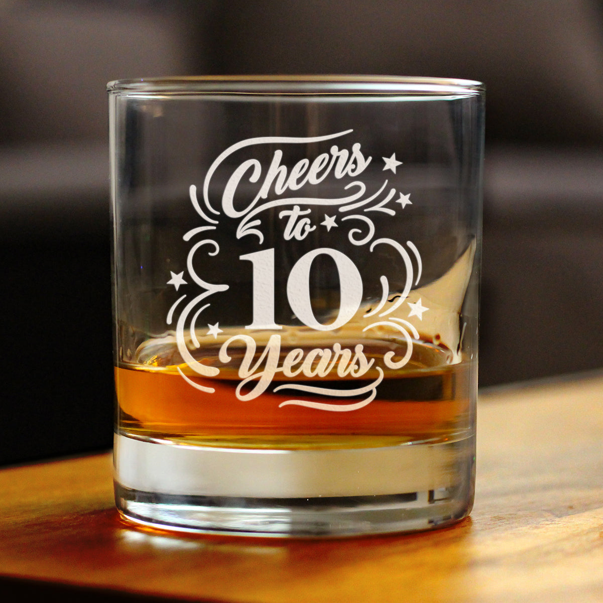 Cheers to 10 Years - Whiskey Rocks Glass Gifts for Women & Men - 10th Anniversary Party Decor - 10.25 Oz Glass