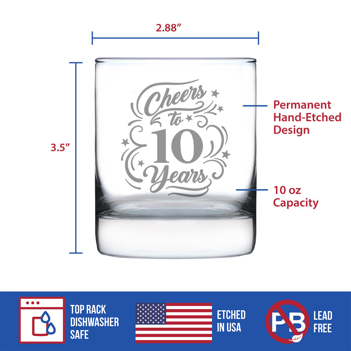Cheers to 10 Years - Whiskey Rocks Glass Gifts for Women & Men - 10th Anniversary Party Decor - 10.25 Oz Glass