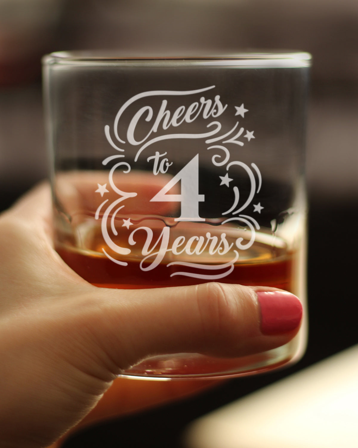 Cheers to 4 Years - Whiskey Rocks Glass Gifts for Women & Men - 4th Anniversary Party Decor - 10.25 Oz Glasses