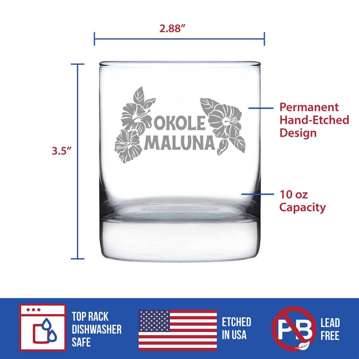 Okole Maluna Engraved 10 Oz Rocks or Old Fashioned Whiskey Glass, Hawaiian Cheers, Unique Party Cup for Men & Women Who Love Hawaii