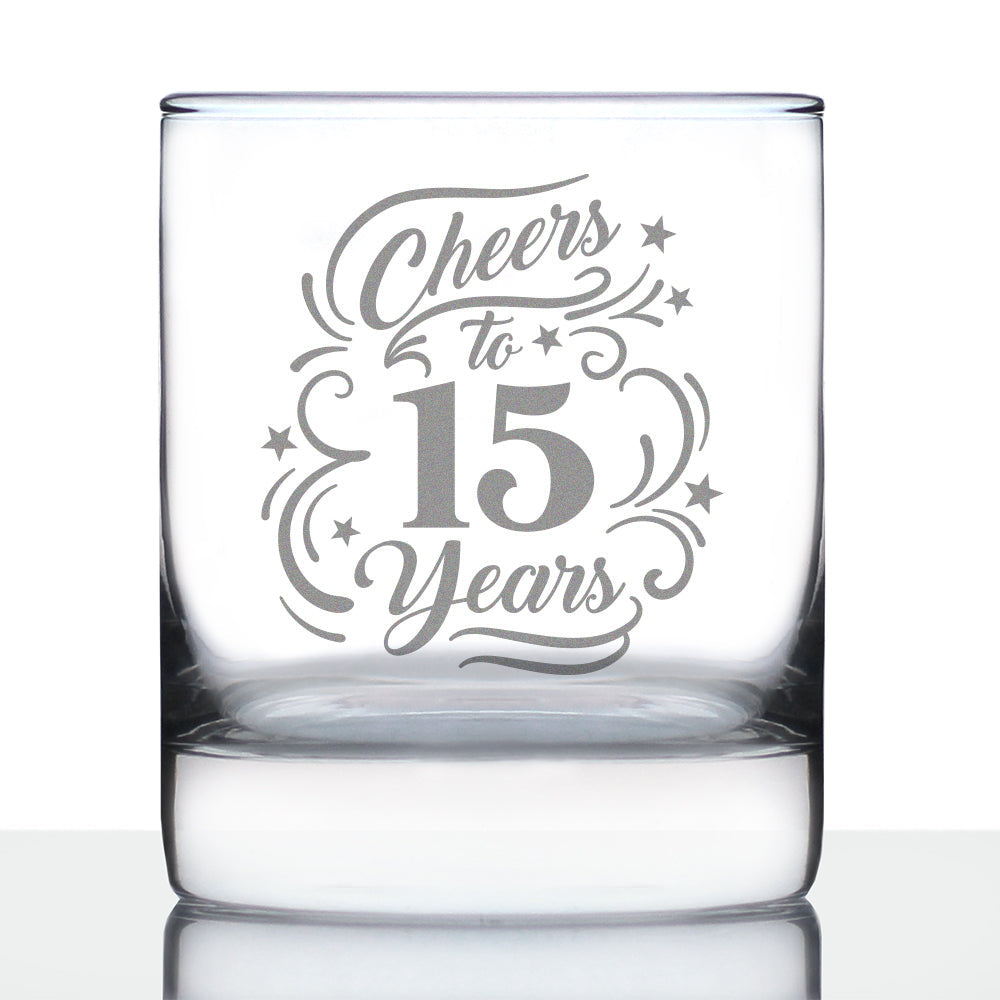 Cheers to 15 Years - Whiskey Rocks Glass Gifts for Women & Men - 15th Anniversary Party Decor - 10.25 Oz Glasses