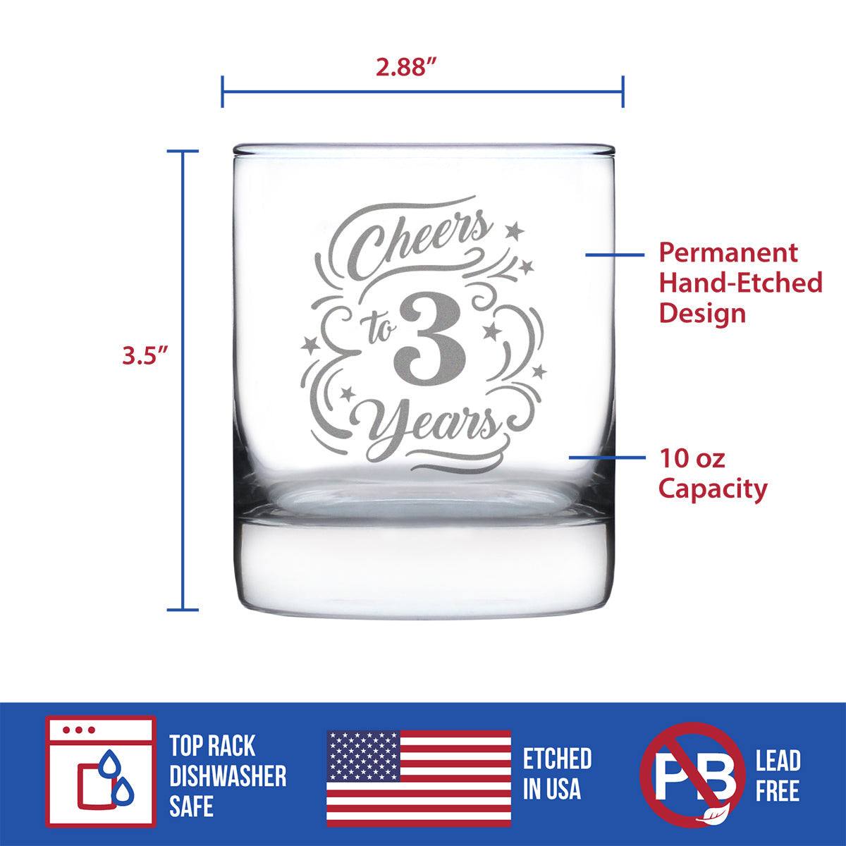Cheers to 3 Years - Whiskey Rocks Glass Gifts for Women & Men - 3rd Anniversary Party Decor - 10.25 Oz Glasses