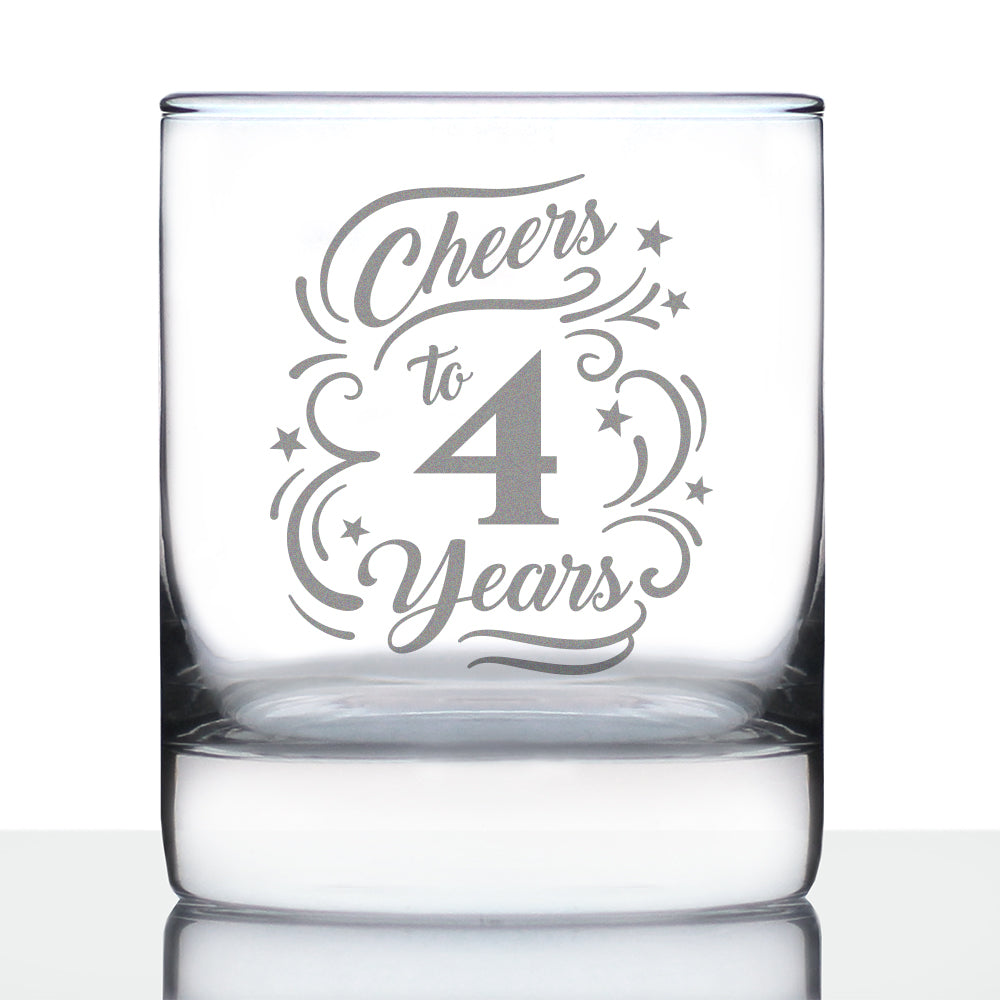 Cheers to 4 Years - Whiskey Rocks Glass Gifts for Women & Men - 4th Anniversary Party Decor - 10.25 Oz Glasses