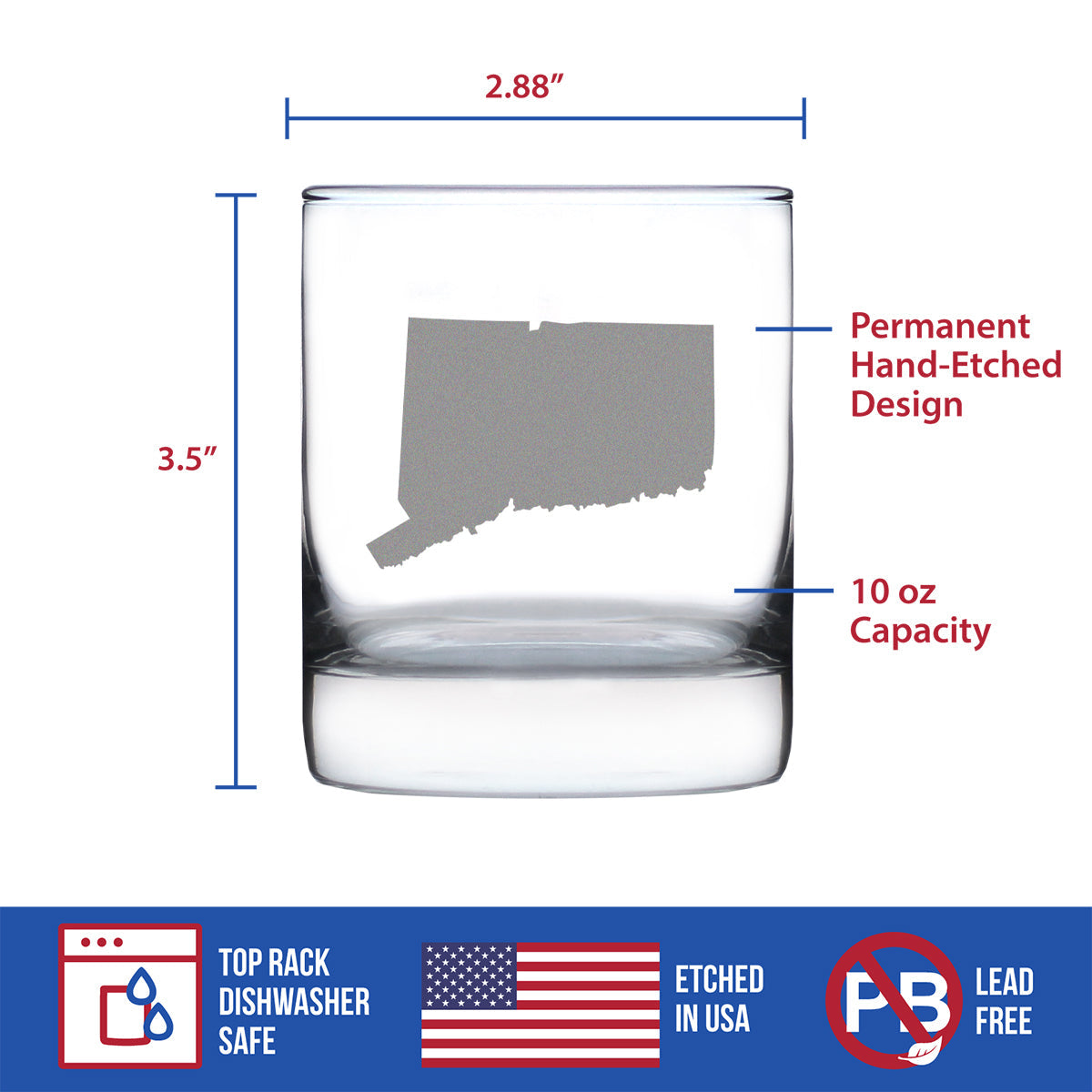 Connecticut State Outline Whiskey Rocks Glass - State Themed Drinking Decor and Gifts for Connecticuters and Nutmegger Women & Men - 10.25 Oz Whisky Tumbler Glasses