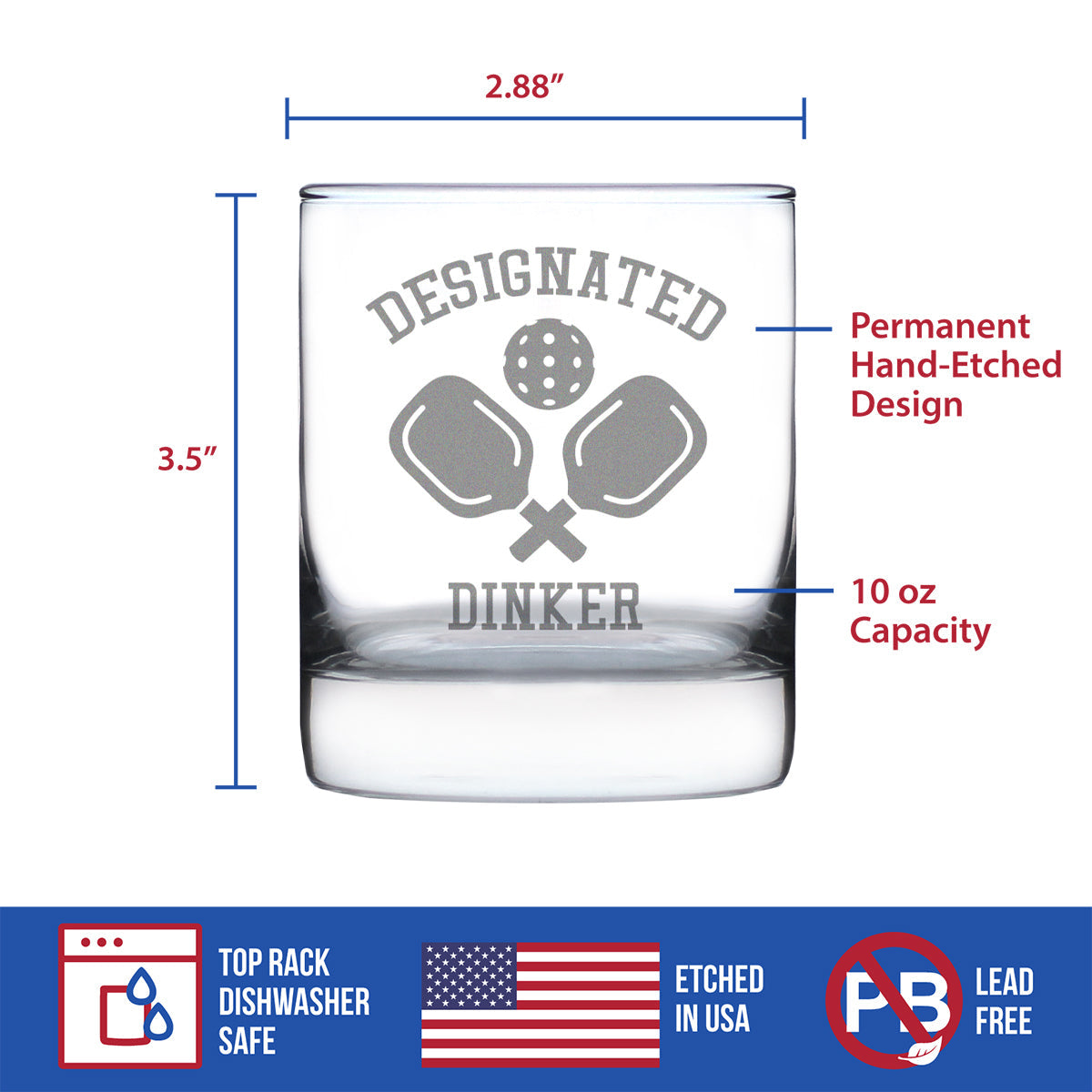 Designated Dinker - Whiskey Rocks Glass - Funny Pickleball Themed Decor and Gifts - 10.25 Oz Glasses