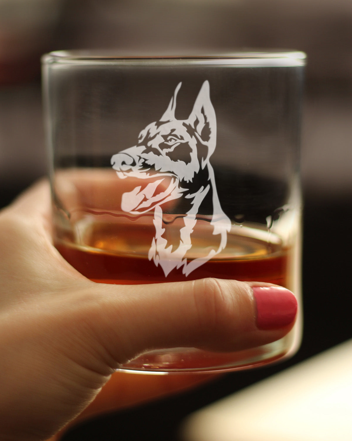 Doberman Face Whiskey Rocks Glass - Unique Dog Themed Decor and Gifts for Moms & Dads of Pinscher Dobermans - 10.25 Oz