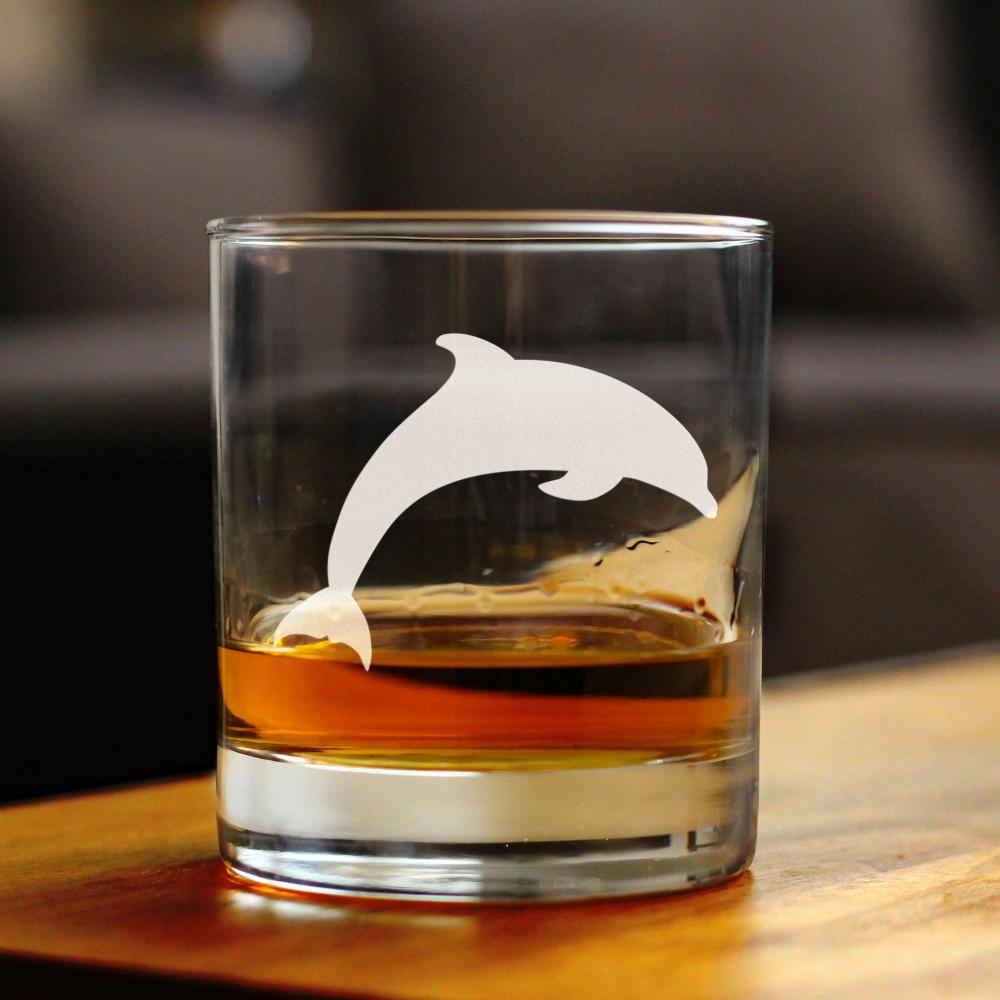 Dolphin Whiskey Rocks Glass - Beach Themed Gifts for Men & Women - Fun Whisky Drinking Tumbler Decor - Engraved 10 oz