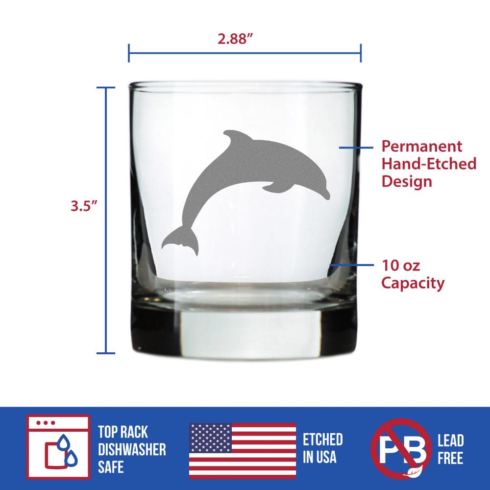 Dolphin Whiskey Rocks Glass - Beach Themed Gifts for Men & Women - Fun Whisky Drinking Tumbler Decor - Engraved 10 oz