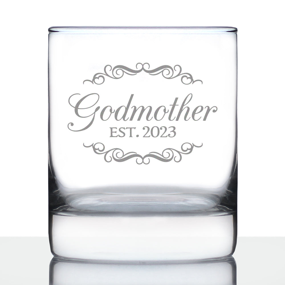 Godmother Est. 2023 - Decorative 10 oz Rocks Glass or Old Fashioned Glass - Reveal Gift for New Godmothers, Mother's Day for Godmom