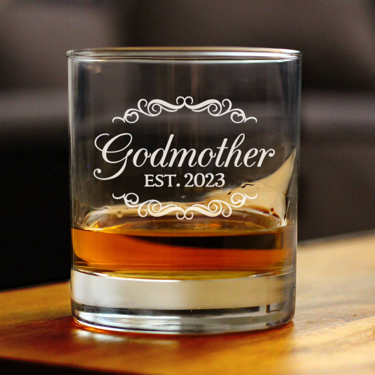 Godmother Est. 2023 - Decorative 10 oz Rocks Glass or Old Fashioned Glass - Reveal Gift for New Godmothers, Mother's Day for Godmom