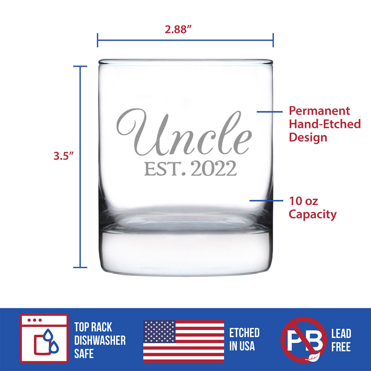 Uncle Est 2022 - Whiskey Rocks Glass Gift for First Time Uncles - Decorative 10.25 Oz Glasses