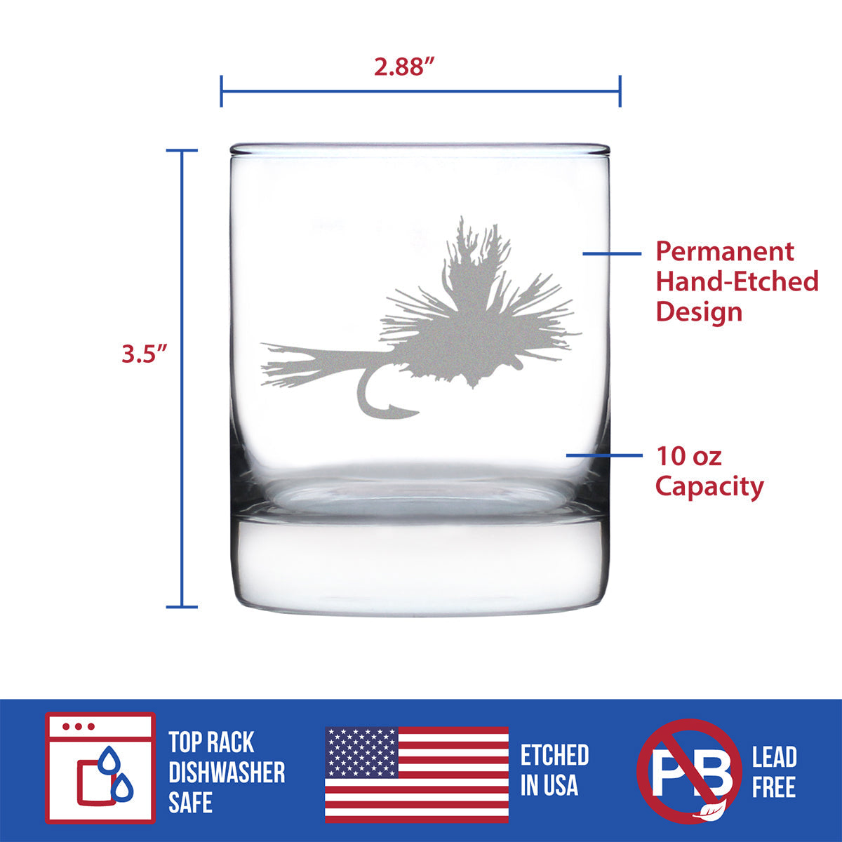 Fly Fishing Whiskey Rocks Glass - Unique Flyfishing Themed Gifts for Fishermen - 10.25 Oz Glasses